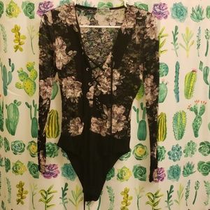 Charlotte Russe Black Lace Floral Longsleeve Onsie